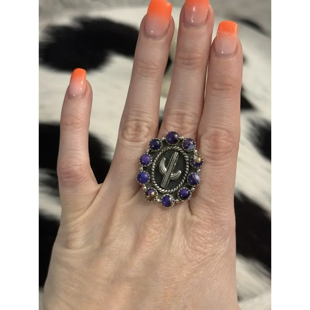 Native American Sterling Silver Purple Mojave Prickly Cactus Story Teller Ring